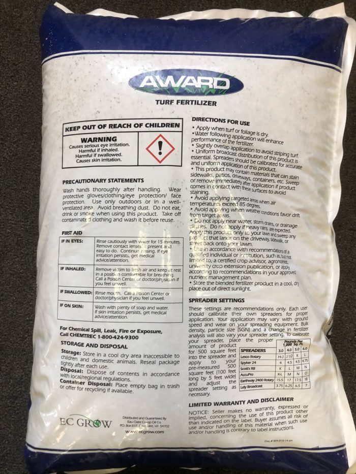 Award Turf Fertilizer - back of bag