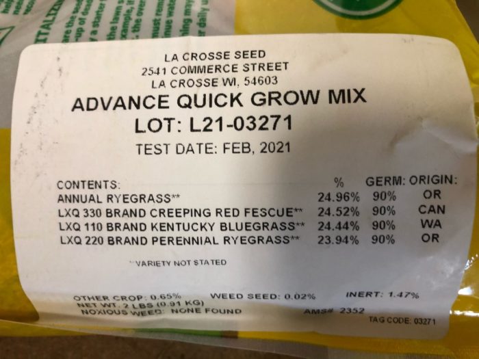 Quick Grow Grass Seed label