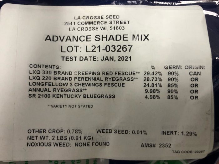 Shade Mix Grass Seed label